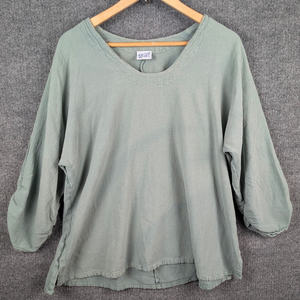Oh My Gauze Womens Sage Green Cotton Crinkle V-Neck 3/4 Sleeve Blouse Top Large